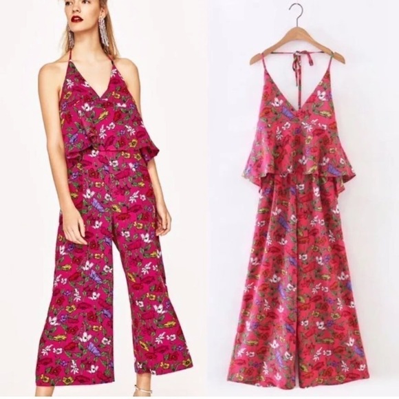 ZARA Collection jumpsuit tied around neck floral print bright colors Size S - Picture 3 of 16